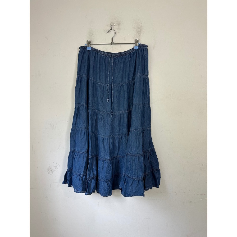White Stag Womens Tiered Denim Midi Skirt Stone Wash Blue Cotton Large 12/14